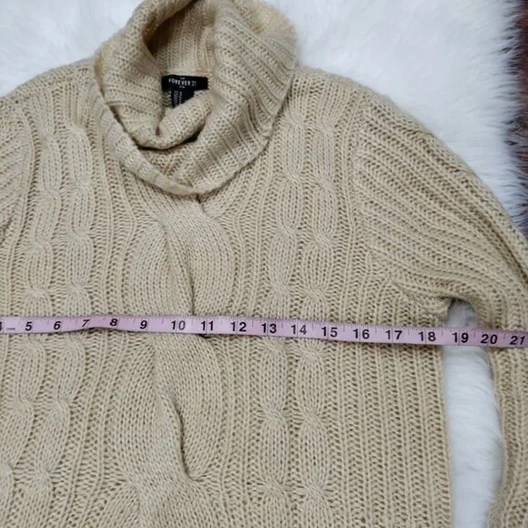 Forever 21 Cable Knit Cowl Neck Sweater Beige Cropped M/L - Picture 6 of 8